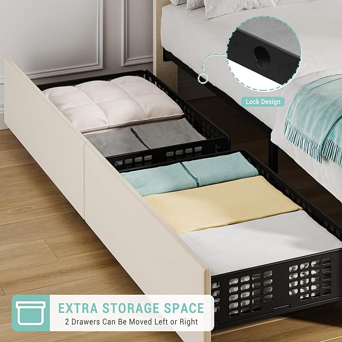 Twin Size Bed Frame with Adjustable Headboard and 2 Storage Drawers, Velvet Upholstered Tufted Twin Platform Bed Frames with Wooden Slats Support, Bedframe No Box Spring Needed, Beige/Cream