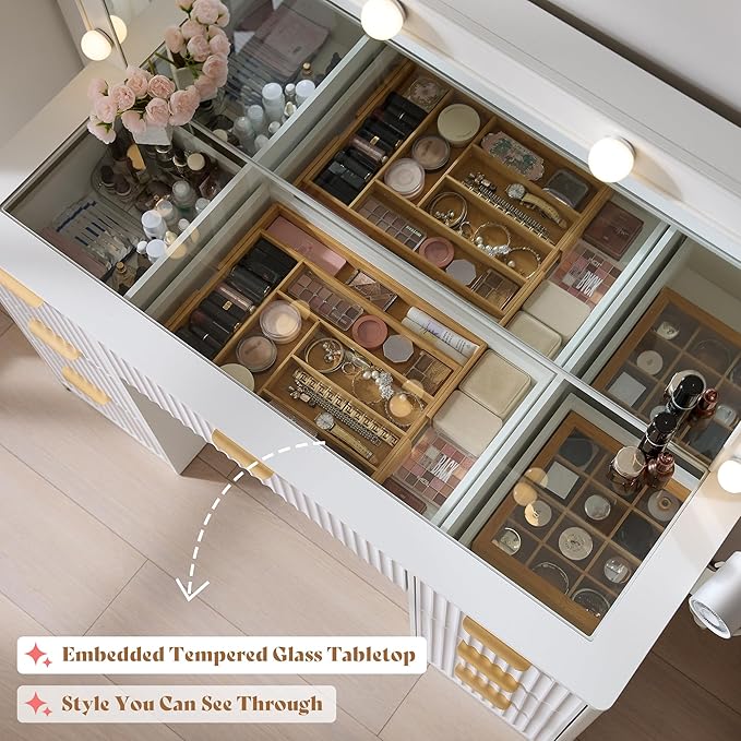 AMERLIFE 47.2" Fluted Vanity Desk with Large Mirror and Adjustable LED Lights, 7 Drawers Makeup Table with Glass Top and Charging Station for Women and Girls, Bedroom or Dorm, White