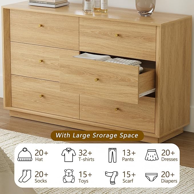 Mid Century Modern Dresser, 6 Drawer Dresser with Storage, 47" Wide Chest of Drawers with Wood Grain Texture, Drawers Organizer for Bedroom, Living Room, Hallway, Gold Oak