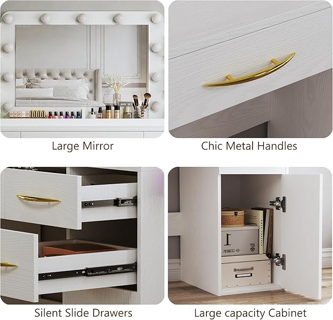Makeup Vanity Desk with Lights, 45.5" Large Vanity with Mirror and Lights in 3 Models, Vanity with Power Outlet, Vanity Desk with 5 Drawers, 2 Cabinets, Shelves for Bedroom, White