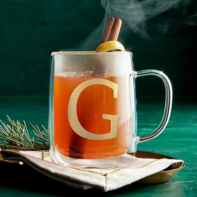 COLLECTIVE HOME - Double Walled Glass Coffee Mugs, Insulated Coffee Mug with Handle, Personalized Gifts for Women, Men, Christmas, 14 oz Monogram Cups (G)