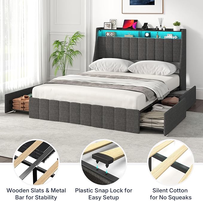 Queen Bed Frame with 4 Storage Drawers, Upholstered Queen Size Bed Frames with Headboard, Queen Size Bed Frame with LED Lights, Dark Grey