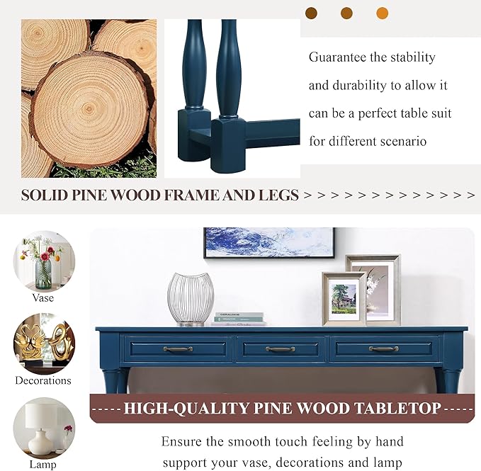 63inch Solid Wood Console Table with 3 Drawers and 1 Bottom Shelf Extra-Thick Sofa Table (Navy Blue)