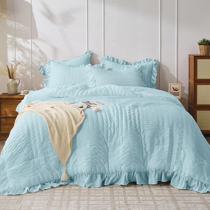 JOLLYVOGUE Blue Comforter Full Size, 3 Pieces Seersucker Lightweight Full Size Bedding, All Season Fluffy Microfiber Bedding Comforter Set with 1 Ruffle Comforter and 2 Ruffle Pillowshams