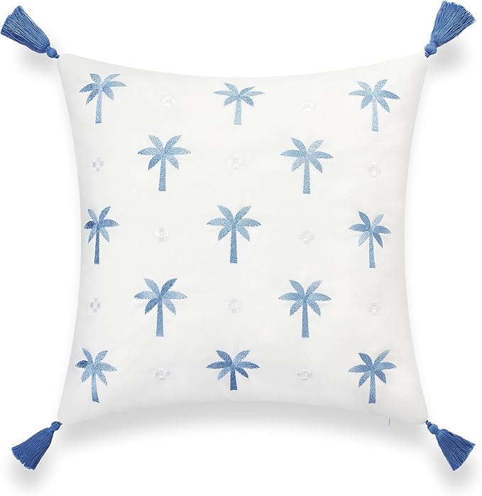 Hofdeco Premium Coastal Hampton Style Patio Indoor Outdoor Pillow Cover Only, 20"x20" Water Resistant for Backyard, Couch, Baby Blue Embroidered Palm Tree Tassel
