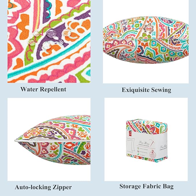 FUNHOME Outdoor Indoor Lumbar Pillow Covers ONLY, No Insert! Water-Repellent Patio Lumbar Cases 12” x 20”, Throw Pillowcase Shell for Couch Garden Furniture Use -Melora Paisley