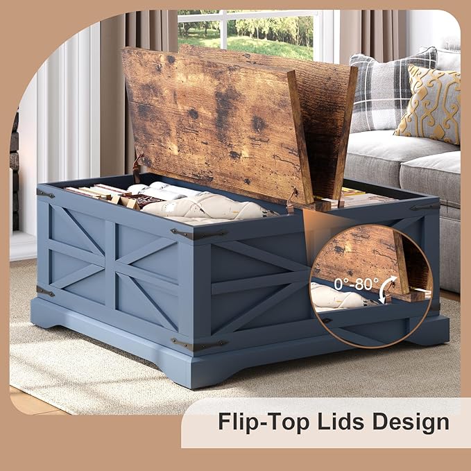 MXV Farmhouse Coffee Table with Storage, Square Coffee Tables for Living Room, Rustic Wood Center Table with Hinged Lifting Tabletop for Home, Blue
