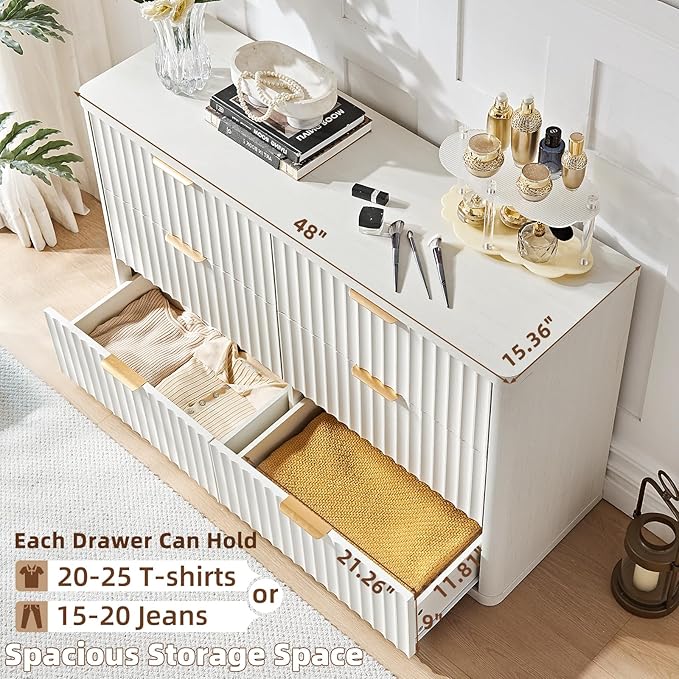 LEYAOYAO Fluted 6 Drawers Dresser Set of 2, 48" Wide Modern Chest of Drawers with Wood Grain Top, Curved Profile Design, Dresser TV Stand, Wooden Drawer Organizer for Bedroom, Living Room, White