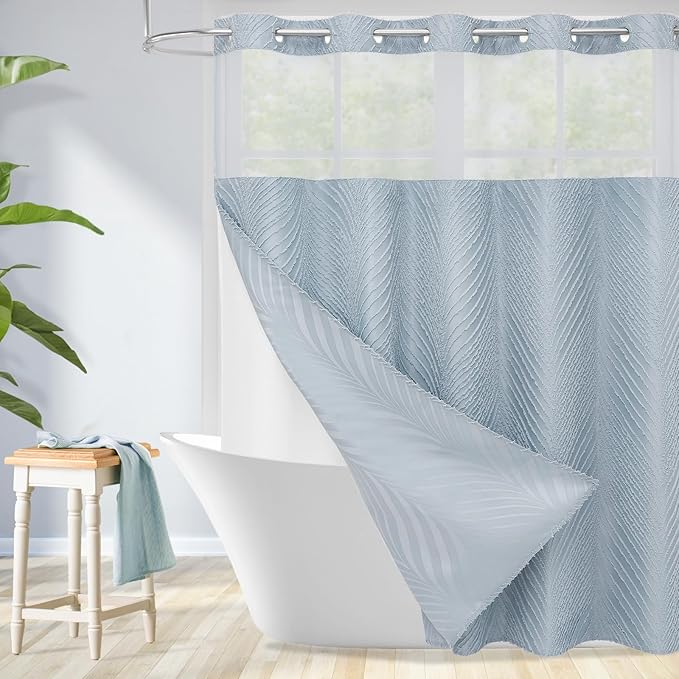 No Hook Extra Long Shower Curtain Set with Snap-in Liner, 86 inch XL Boho Blue Fabric Shower Curtains for Modern Bathroom Decor, Hotel Style Shower Curtain with See Through Top Window