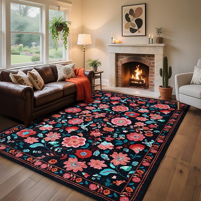 Living Room Rug 6x9 Rug, Machine Washable Area Rug Non Slip Low Pile Floral Rug for Living Room, Bedroom, Farmhouse, Dining Room, Kids Playroom, Black