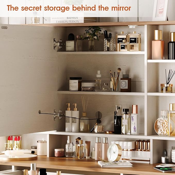 Farmhouse Vanity Desk with Mirror and Lights,White Makeup Vanity with 5 Drawers & Hidden Storage,Rustic Large Dressing Table with Charing Station & Shelves for Bedroom