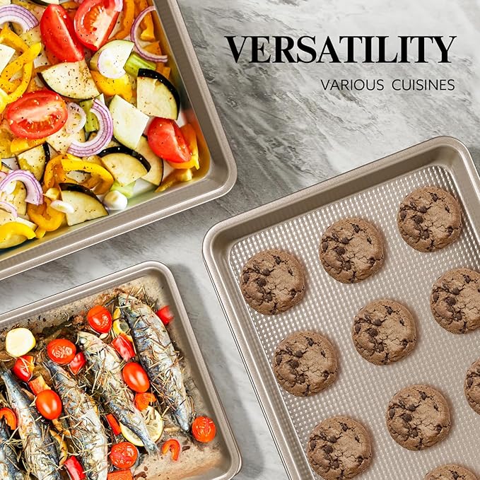 2 Piece Professional Baking Pan Set, Nonstick Bakeware Set, Heavy Duty Thick Cookie Sheets for Baking, 9x13in, 10x15in, Textured, Gold