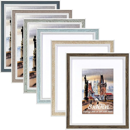 8x10 Picture Frame Set of 6, Rustic Farmhouse Photo Frame, Display 5x7 with Mat or 8x10 Without Mat for Decorative on Wall Hanging and Tabletop Placement