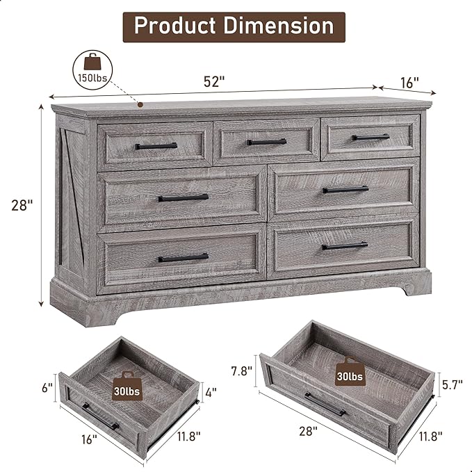 7 Drawer Dresser, Farmhouse Chest of Drawers for Bedroom, 52" Wide Dresser TV Stand with Large Metal Handles, Wood Drawer Organizer for Living Room, Hallway - Grey