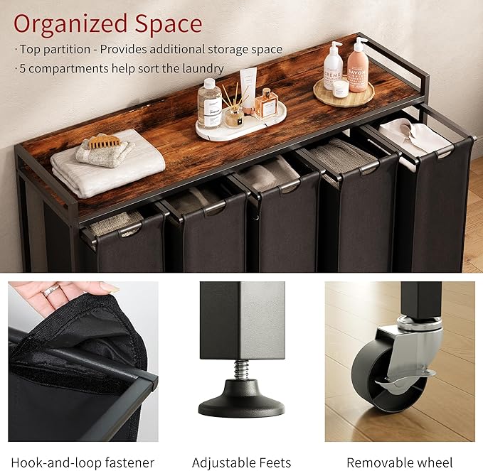 Laundry Hamper with Shelf, Laundry Basket 5 Section, Laundry Sorter with Pull-Out Removable Large Bags and Movable Wheels, Metal Frame, 5 x 15.87 Gallons (60L), Rustic Brown + Blck PF08XLY