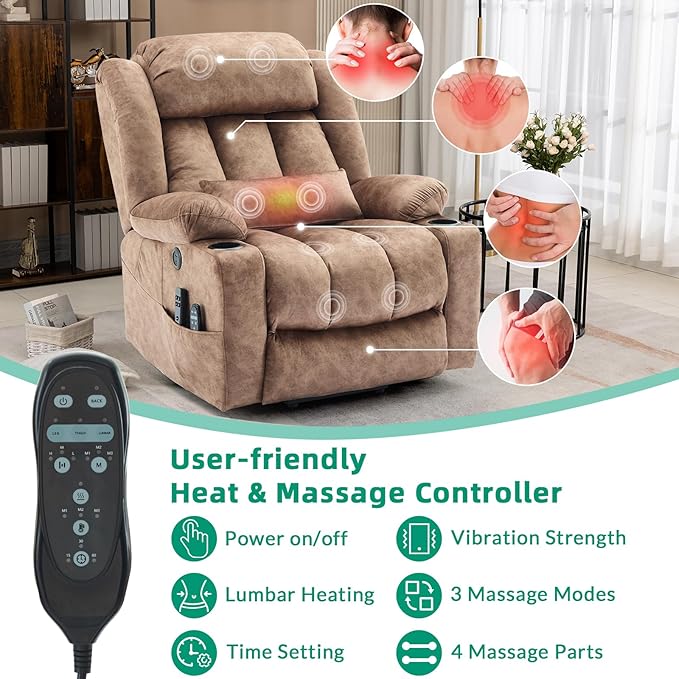 VIVIJASON Tall Man Large Dual Motor Power Lift Recliner Chair with Extended Footrest, Oversized Lay Flat Sleeper Electric Recliner W/Heat & Massage, Lumbar Pillow, USB & Type-C Ports, Plush Brown