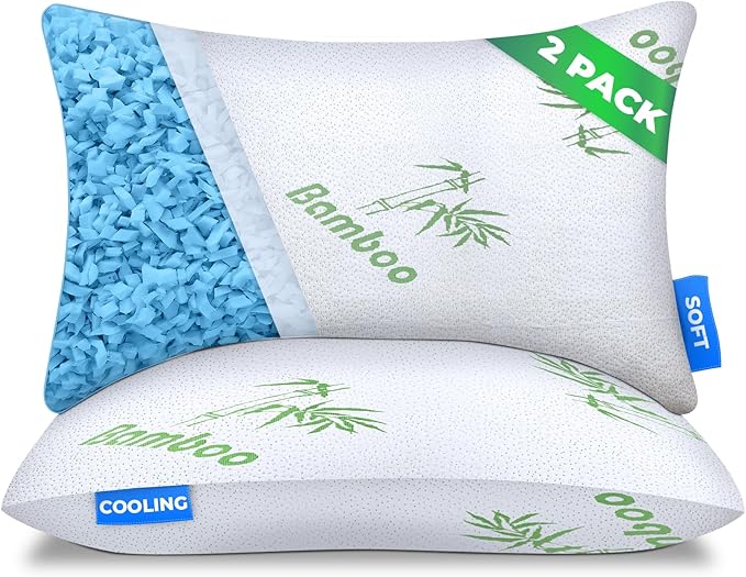 Sleepavo Adjustable Cooling Pillows Queen Size Set of 2 Pack - Extra Soft Shredded Memory Foam Best Pillows for Sleeping - Back, Stomach, Side Sleeper Pillow Medium Firm - Rayon Derived from Bamboo
