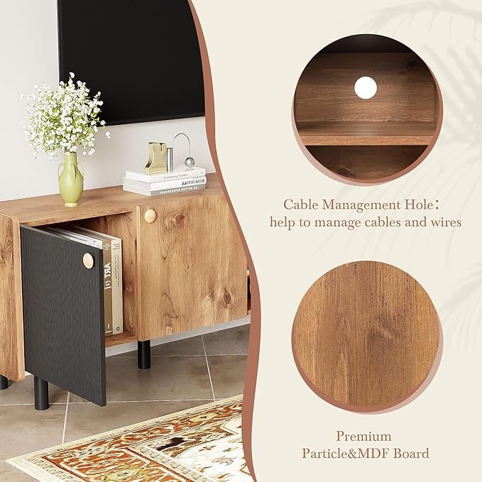 TV Stand for TVs up to 70 Inch TV, Mid Century Modern Entertainment Center with Storage Cabinets and Open Shelf, Media Console with Fluted Panel for Living Room