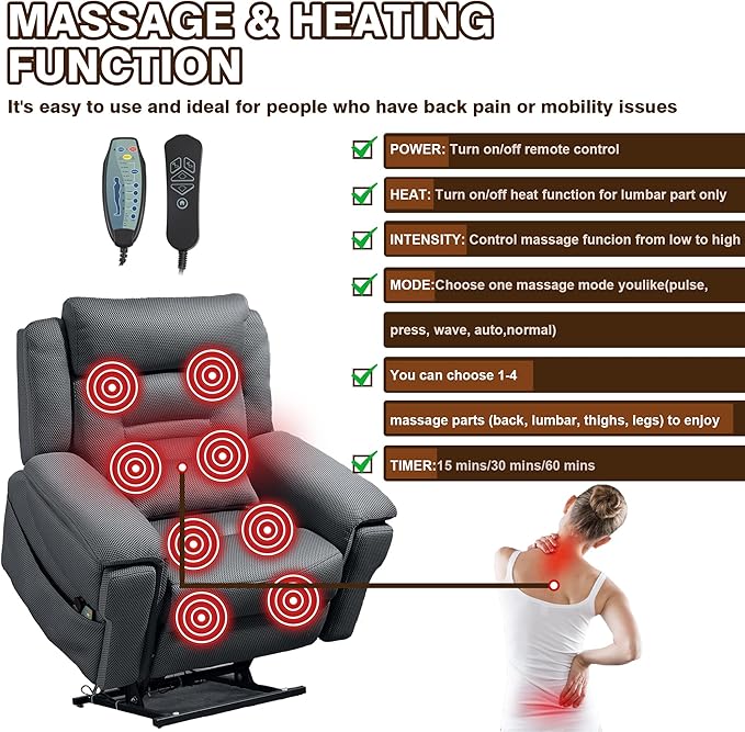 28 Inch Extra Wide Recliner Lay Flat 180°, Big Man 400lbs Oversized, Power Lift Recliner with Heat and Massage for Elderly, Large Heavy Duty Recliners with Cup Holders and Wireless Phone Charger