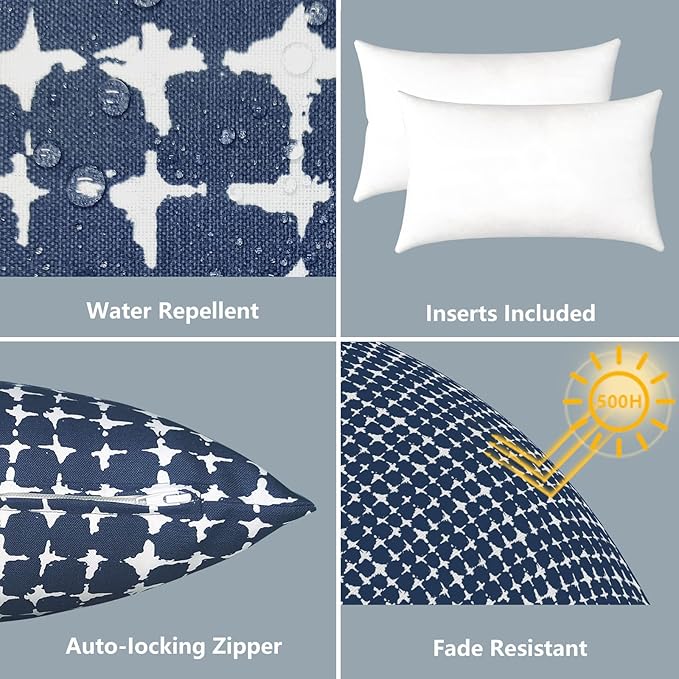 LVTXIII Outdoor/Indoor Lumbar Pillows, Decorative Patio Lumbar Cushions, Fluffy Water Repellent Garden Cushions for Home Patio Coach Sofa Use, 12×20 Inch, Pack of 2, Tie-dye Navy