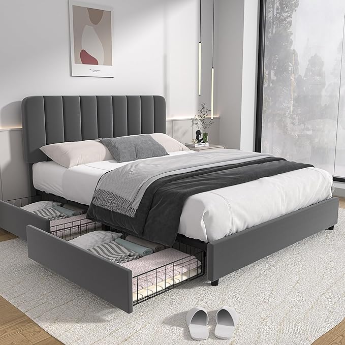 VECELO Queen Size Upholstered Bed Frame with 4 Drawers and Headboard, Velvet Platform Storage Bedframe, Wooden Slats Support, No Box Spring Needed,Dark Grey