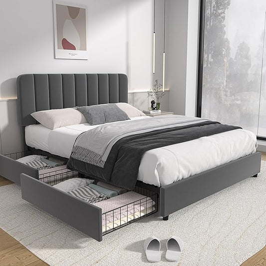 VECELO Queen Size Upholstered Bed Frame with 4 Drawers and Headboard, Velvet Platform Storage Bedframe, Wooden Slats Support, No Box Spring Needed,Dark Grey