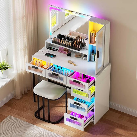 LED Make Up Vanity Desk with Mirror and Light, Smart Dressing Table with 6 Drawers, 3 Shelves, 24 Color Lighting Modes, Cushioned Stool, USB Type-C Storage for Bedroom Dressing Room White