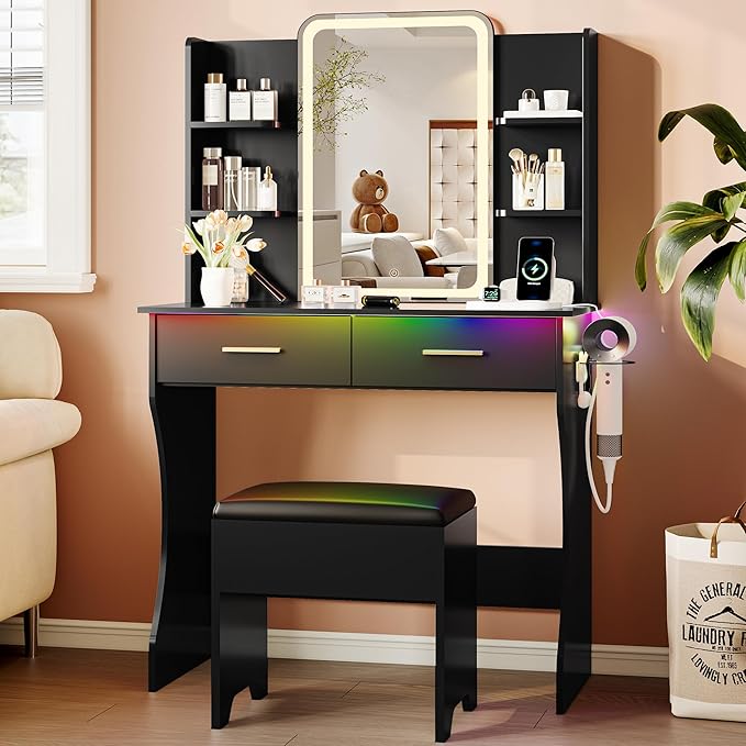 Vanity Desk with LED Lights Mirror & Power Outlet, Small Makeup Vanity Table Set with Storage Drawers & Chair, 3 Lighting Modes & Adjustable Brightness, Dressing Table for Women Girls Bedroom, Black