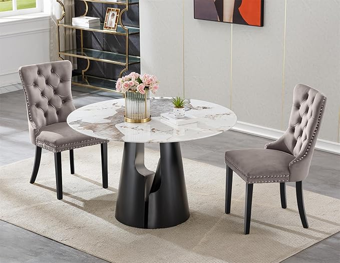 3-Piece Faux Marble Round Dining Table Set for 2, Modern Luxury Kitchen Table Set for 2 with Grey Tufted Chairs,Circle Dining Tables with Pandora Grain Top and Black Pedestal Base