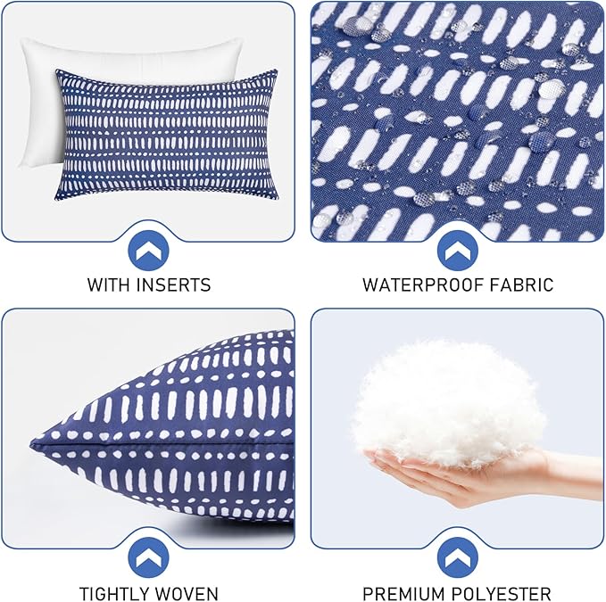 Pack of 2 12x20 Outdoor Pillows, Waterproof Throw Pillows with Inserts, Decorative Lumbar Pillows for Patio, Garden, Couch, Furniture, Sofa, Bed, Living Room(Pebble Dark Blue)
