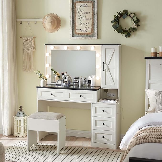 Farmhouse Vanity Desk with Mirror and Lights, 43" Wide Makeup Vanity with Glass Tabletop and Charging Station, Modern Vanity Table Set with Storage and Stool for Bedroom, Off White