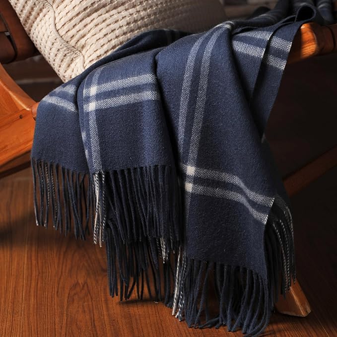 CUDDLE DREAMS Premium Cashmere Throw Blanket with Fringe, Luxuriously Soft (Plaid Blue)