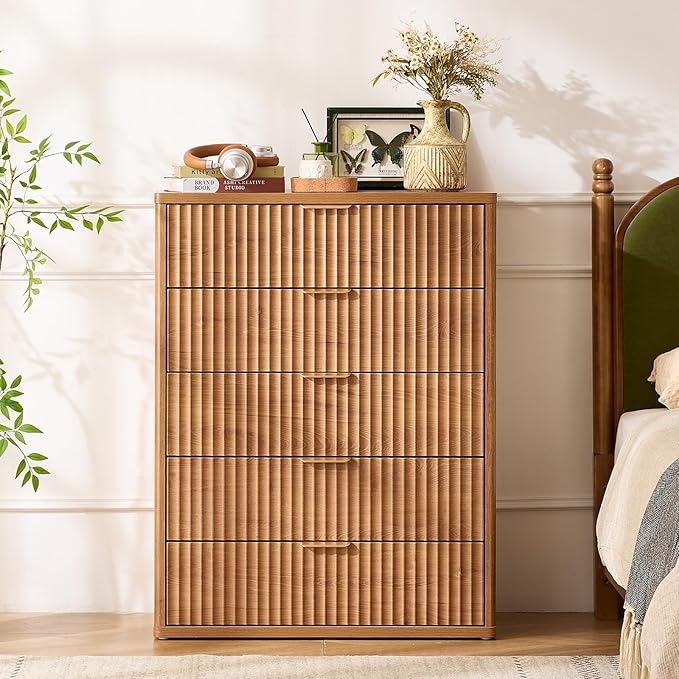 LEYAOYAO Fluted 5 Drawers Dresser Set of 2, 41" Tall Modern Chest of Drawers with Metal Handle, Curved Profile Dresser TV Stand, Wooden Drawer Organizer for Bedroom, Living Room, Hallway, Navy Blue