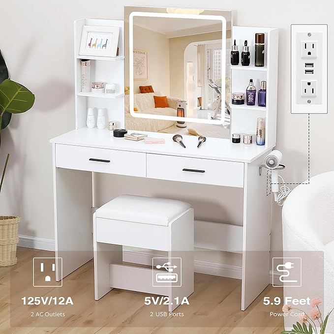 Vanity Desk with Mirror and Lights, 3-Color Lights Adjustable Brightness, White Vanity Makeup Desk with Drawer & Charging Station, Large Dressing Table Make Up for Bedroom