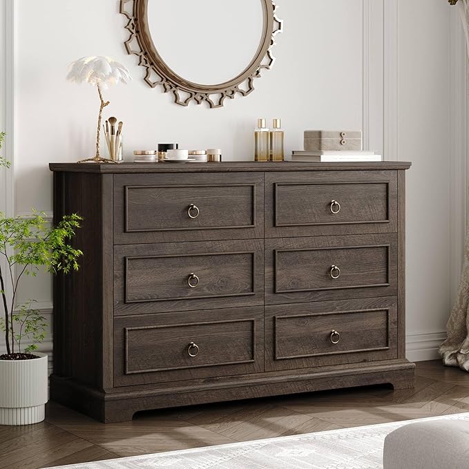 HOSTACK 6 Drawer Dresser for Bedroom, Modern Farmhouse Chest of Drawers for Bedroom, 47.2" Wide Wooden Double Dresser, Dark Wood Storage Cabinet for Living Room, Entryway, Hallway, Dark Brown