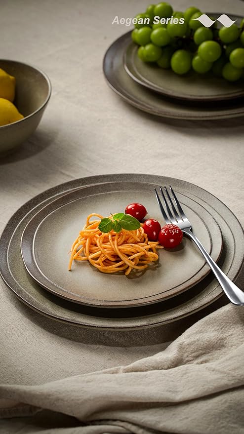 Famiware Aegean Plates and Bowls Sets, Dinnerware Set for 4, 12-Piece Stoneware Scratch Resistant Dinner Set, Handmade Irregular Round Dishes, Microwave and Dishwasher Safe, Matte Grey Green