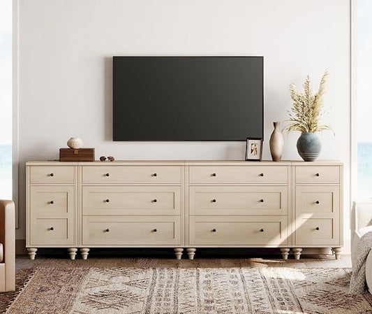 WAMPAT 100 inch TV Stand with 9 Drawers, TV Cabinet Entertainment Center for 75/80/85/90 Inch TV, Kids Dresser with 3 Drawers for Bedroom, Nightstands with Charging Station for Living Room, Light Oak