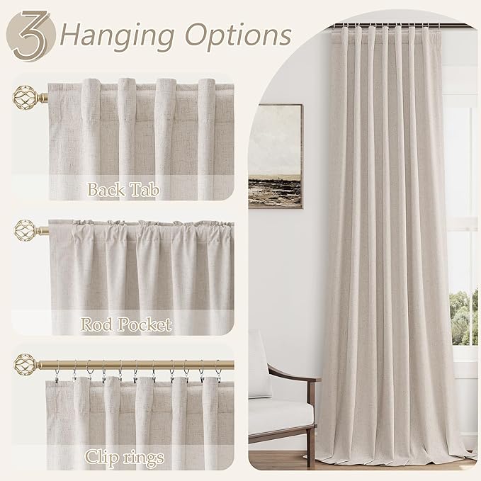 Guken Linen Blackout Curtains 96 Inch Length 2 Panels Set for Living Room Bedroom Back Tab Thermal Insulated 100% Black Out Linen Drapes Room Darkening Window Curtains 96 Inches Long,Sand Beige