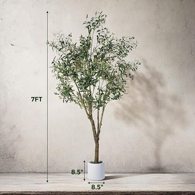 Artificial Olive Tree 7FT, Indoor Fake Silk Plant with Realistic Trunk, Leaves, Fruits and White Planter, Faux Potted Tree for Home Decor and Housewarming Gift, 1 Pack