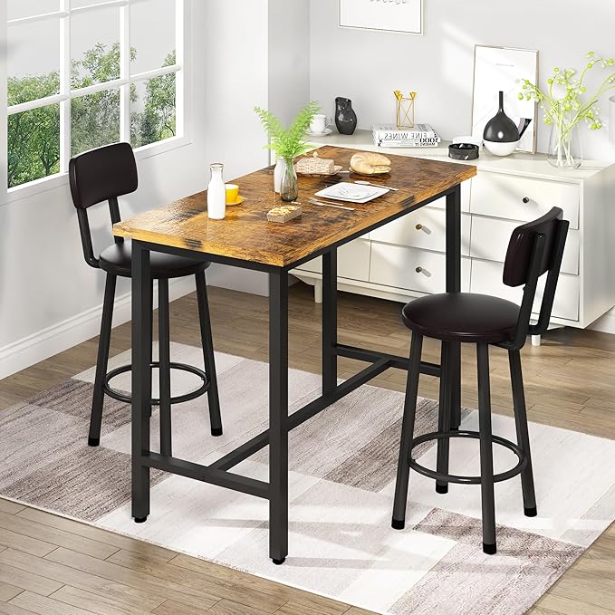 Recaceik 3 Piece Pub Dining Set, Modern bar Table and Stools for 2 Kitchen Counter Height Wood Top Bistro Easy Assemble for Breakfast Nook Living Room Small Space Restaurant, Rustic Brown 39”