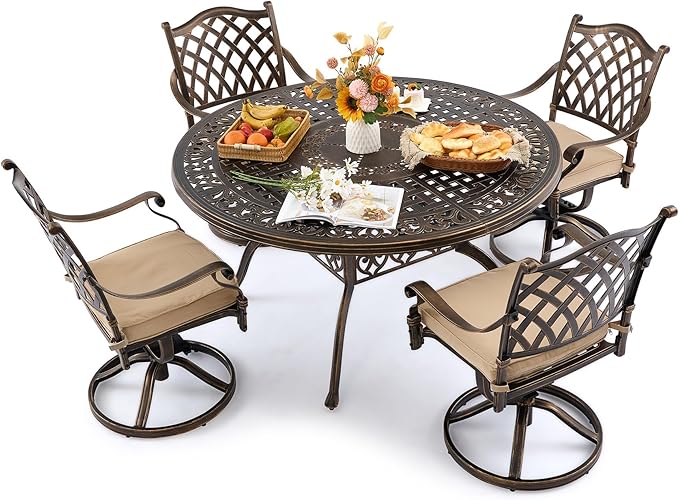 5 Piece Outdoor Dining Set Cast Aluminum, Retro Patio Dining Furniture Set for 4 Includes 54’’ Round Table 4 Chairs with Thicker Cushion and Umbrella Hole for Patio Deck Garden