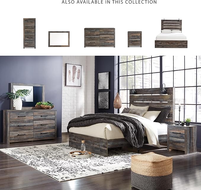 Signature Design by Ashley Drystan Rustic Queen Panel Bed, Sconce LED Lights, USB Ports and Nailheads, Foundation or Box Spring Needed, Dark Brown & Gray