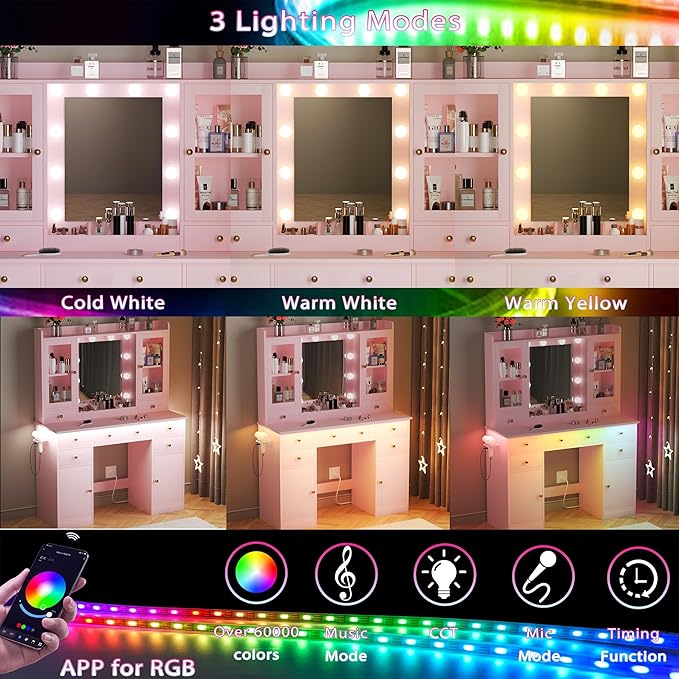 Vanity Desk with Mirror and Lights, Pink Vanity Mirror with Lights Desk and Chair &7 Drawers, Cabinets Makeup Vanity Table with with Stool for Bedroom 3 Lights Mode and Brightness Adjusted