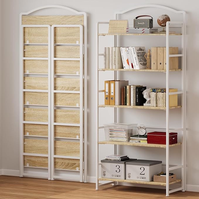 JSB No Assembly Folding Bookshelf, 5 Tier Book Shelf for Storage, Vintage Wood Foldable Bookcase for Living Room, Bedroom, Office Organization Shelves