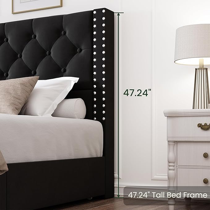 Queen Size Platform Bed Frame with 4 Storage Drawers and Tufted Headboard Velvet Upholstered Bed Frame with Heavy Duty Wood Slats, No Box Spring Needed, Easy Assembly, Black