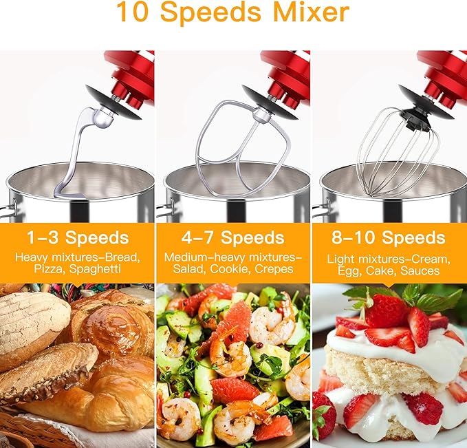 Stand Mixer, 7.5QT 660W Electric Dough Mixer, Kitchen 10-Speed Tilt-Head Food Mixer for Baking&Cake, with Stainless Steel Bowl, Whisk, Dough Hook, Beater, Splash Guard(RED) MC1