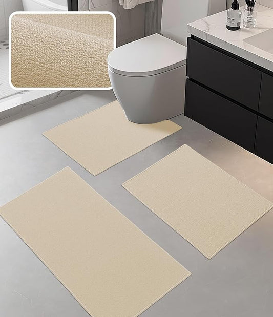 YIHOUSE Bathroom Rug Sets 3 Piece, Ultra Thin Bath Mat Fit Under Door, Quick Dry Absorbent Bath Mat Non Slip Machine Washable Bathroom Floor Mat (Beige, 3 Piece)