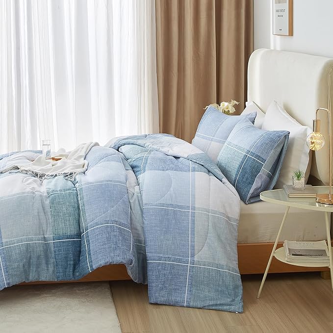 mixinni King Comforter Set 3 Piece Modern Buffalo Checkered Lightweight Comforter Geometric Plaid Pattern Blue Bedding Set for Women and Men-King Size