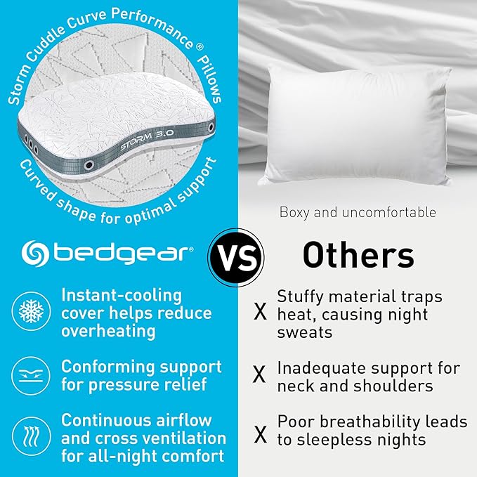 Bedgear Storm Cuddle Curve Performance Pillow - Size 3.0 - Cooling Bed Pillow for Side Sleepers - Medium Firmness- Washable and Removable Cover - 20" W x 26" L