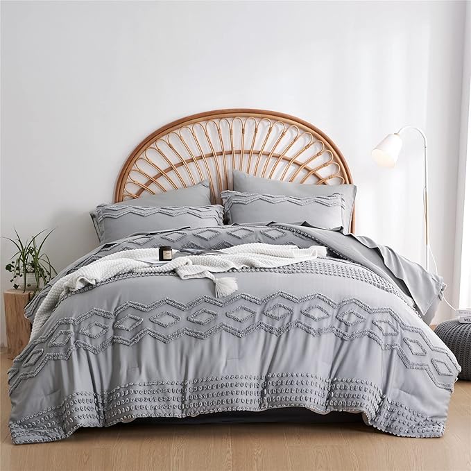 KAKIJUMN Grey Tufted Comforter Set Full Size 7 Piece Bed in a Bag, Shabby Chic Boho Comforter and Sheet Set, Pom Pom Textured Bed Set, All Season Soft Microfiber Complete Bedding Set(Grey,Full)